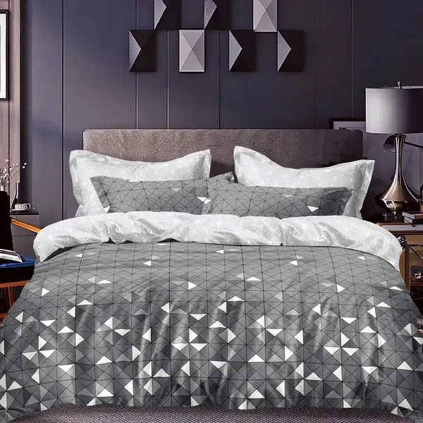Lenjerie pat dublu bumbac satinat - 3 Bucati 219 Lei - Gri forme geometrice