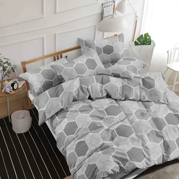Lenjerie pat dublu bumbac satinat - 3 Bucati 219 Lei - Gri hexagoane