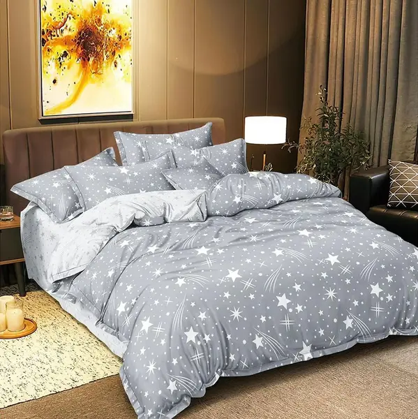 Lenjerie pat dublu bumbac satinat - 3 Bucati 219 Lei - Gri stelute