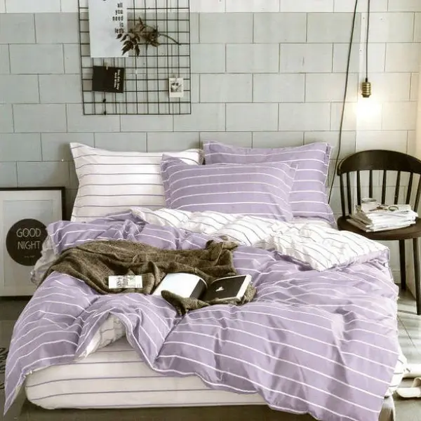 Lenjerie pat dublu bumbac satinat - 3 Bucati 219 Lei - Lila dungi