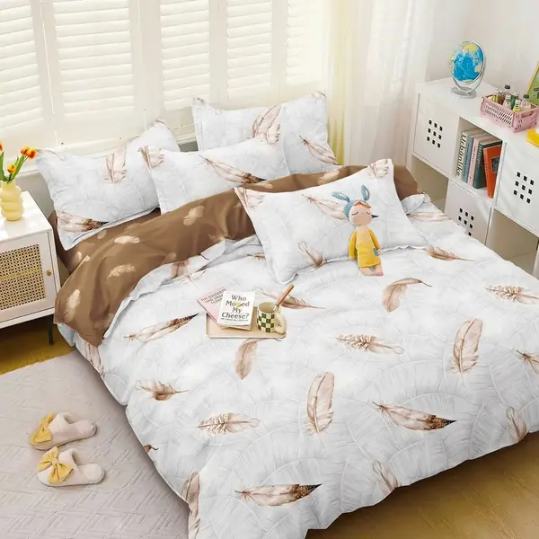 Lenjerie pat dublu bumbac satinat - 3 Bucati 219 Lei - Maro pene