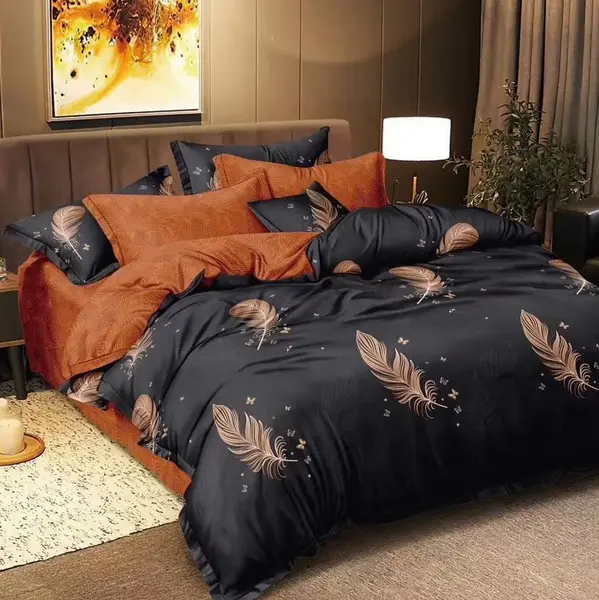Lenjerie pat dublu bumbac satinat - 3 Bucati 219 Lei - Negru pene