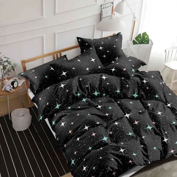 Lenjerie pat dublu bumbac satinat - 3 Bucati 219 Lei - Negru stelute