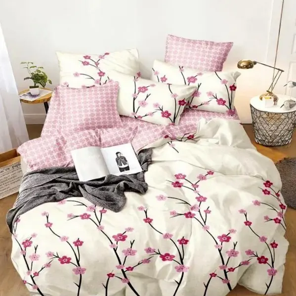 Lenjerie pat dublu bumbac satinat - 3 Bucati 219 Lei - Roz flori de cires