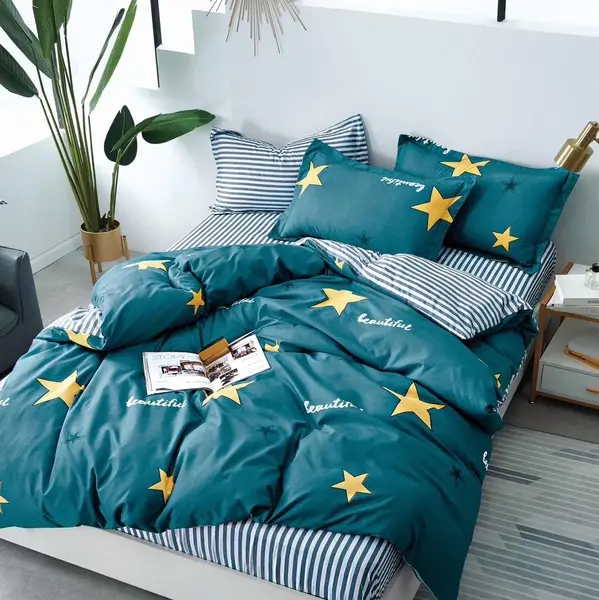Lenjerie pat dublu bumbac satinat - 3 Bucati 219 Lei - Turquoise stelute