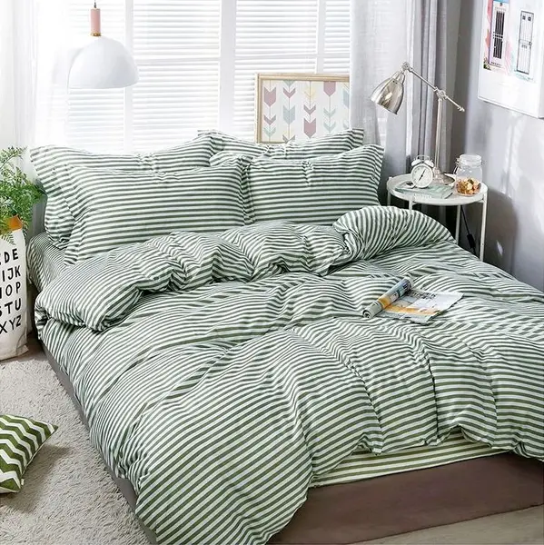 Lenjerie pat dublu bumbac satinat - 3 Bucati 219 Lei - Verde dungi