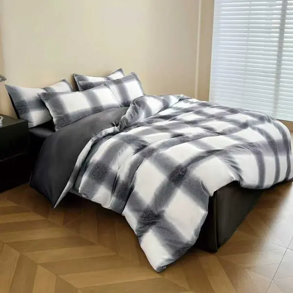 Lenjerie pat dublu, bumbac satinat, 4 piese, Alb, Negru, chenare