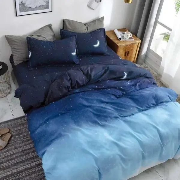 Lenjerie pat dublu, bumbac satinat, 4 piese, Albastru, stelute