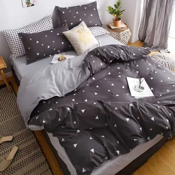 Lenjerie pat dublu, bumbac satinat, 4 piese, Gri, triunghiuri