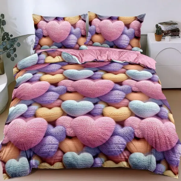 Lenjerie pat dublu, bumbac satinat, cearsaf clasic, 4 piese, Albastru, Roz, inimioare colorate