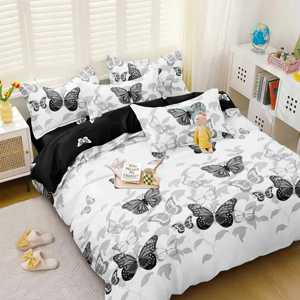 Lenjerie pat dublu, bumbac satinat, cearsaf clasic, 4 piese, Alb, Negru, fluturi
