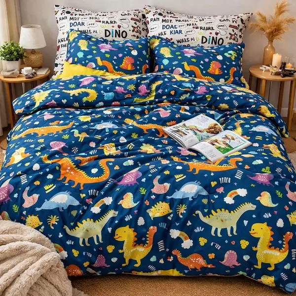 Lenjerie pat dublu, bumbac satinat, cearsaf clasic, 4 piese, Albastru, Dinozauri