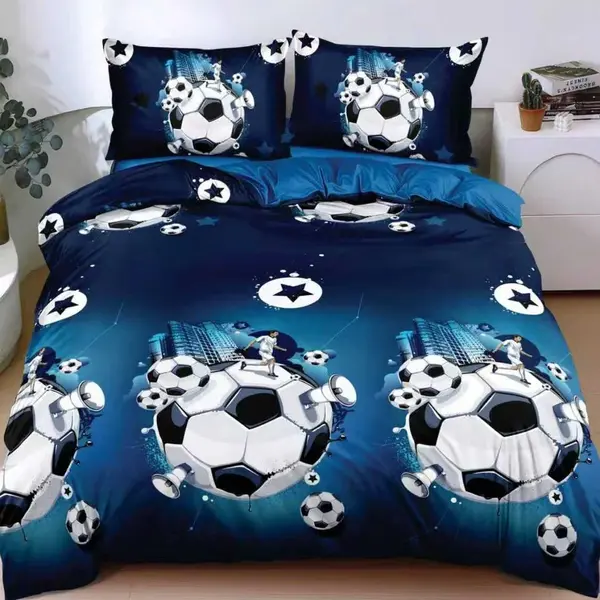 Lenjerie pat dublu, bumbac satinat, cearsaf clasic, 4 piese, Albastru, mingii de fotbal