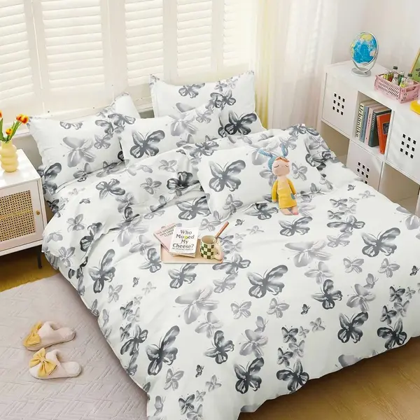 Lenjerie pat dublu, bumbac satinat, cearsaf clasic, 4 piese, Alb, fluturi