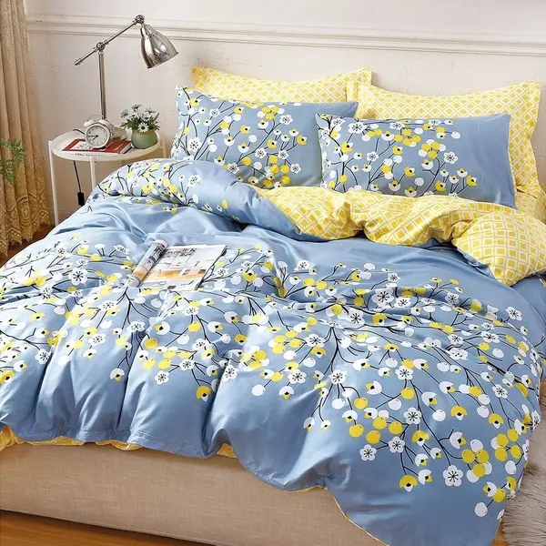 Lenjerie pat dublu, bumbac satinat, cearsaf clasic, 4 piese, Albastru, floricele