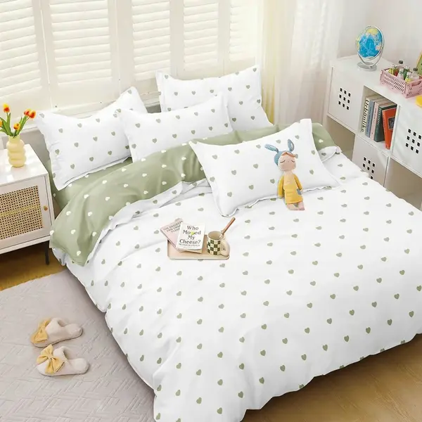 Lenjerie pat dublu, bumbac satinat, cearsaf clasic, 4 piese, Alb, Verde, inimioare
