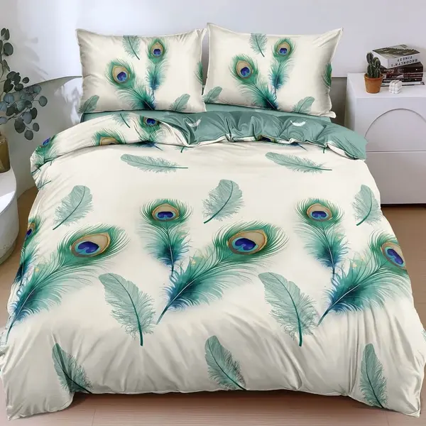 Lenjerie pat dublu, bumbac satinat, cearsaf clasic, 4 piese, Alb, Verde, pene de paun