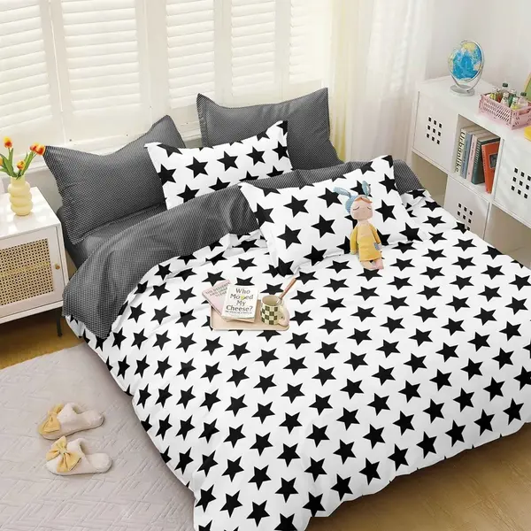 Lenjerie pat dublu, bumbac satinat, cearsaf clasic, 4 piese, Alb, Negru, stelute