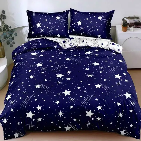 Lenjerie pat dublu, bumbac satinat, cearsaf clasic, 4 piese, Albastru, stelute
