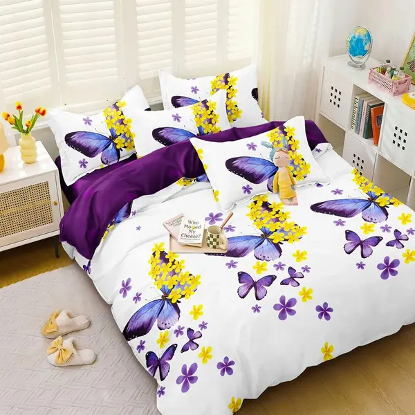 Lenjerie pat dublu, bumbac satinat, cearsaf clasic, 4 piese, Alb, Mov, fluturi