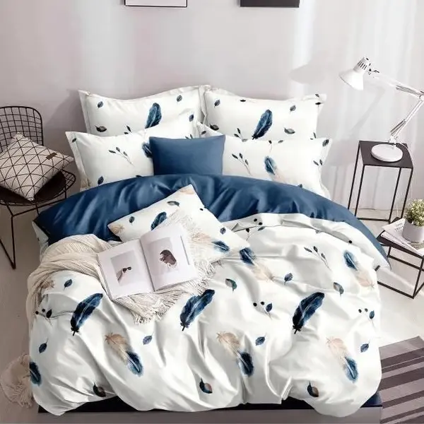 Lenjerie pat dublu, bumbac satinat, cearsaf clasic, 4 piese, Albastru, pene