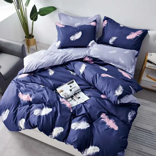 Lenjerie pat dublu, bumbac satinat, cearsaf clasic, 4 piese, Bleumarin, pene