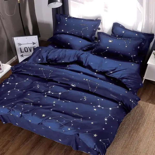 Lenjerie pat dublu, bumbac satinat, cearsaf clasic, 4 piese, Bleumarin, stelute