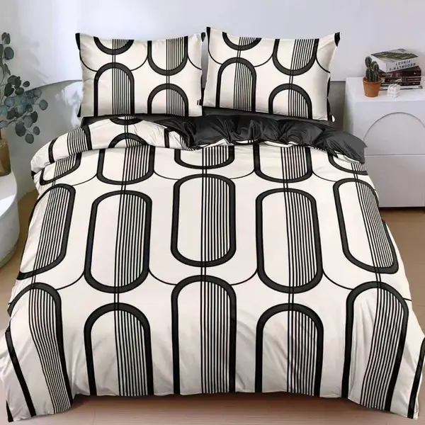Lenjerie pat dublu, bumbac satinat, cearsaf clasic, 4 piese, Crem, abstract