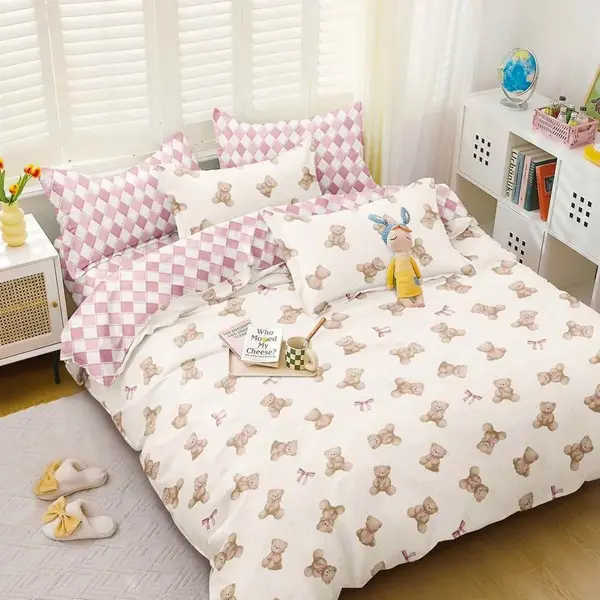 Lenjerie pat dublu, bumbac satinat, cearsaf clasic, 4 piese, Crem, Roz, ursuleti