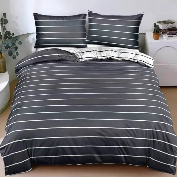 Lenjerie pat dublu, bumbac satinat, cearsaf clasic, 4 piese, Gri, dungi