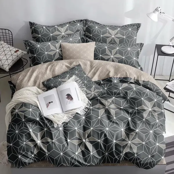 Lenjerie pat dublu, bumbac satinat, cearsaf clasic, 4 piese, Gri, forme geometrice
