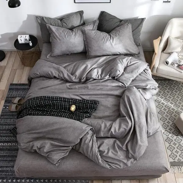 Lenjerie pat dublu, bumbac satinat, cearsaf clasic, 4 piese, Gri