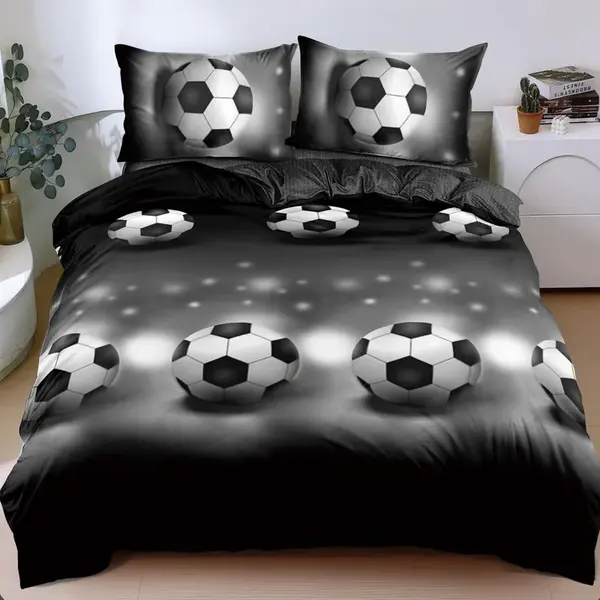 Lenjerie pat dublu, bumbac satinat, cearsaf clasic, 4 piese, Gri, fotbal