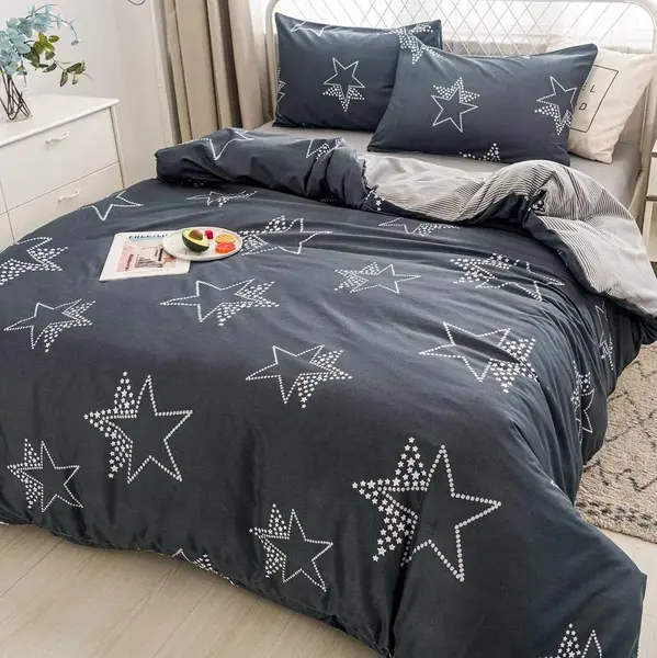Lenjerie pat dublu, bumbac satinat, cearsaf clasic, 4 piese, Gri, stelute