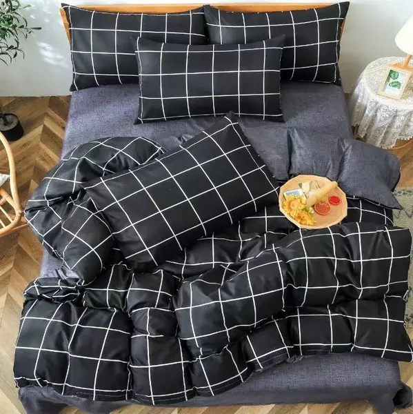 Lenjerie pat dublu, bumbac satinat, cearsaf clasic, 4 piese, Gri, patratele
