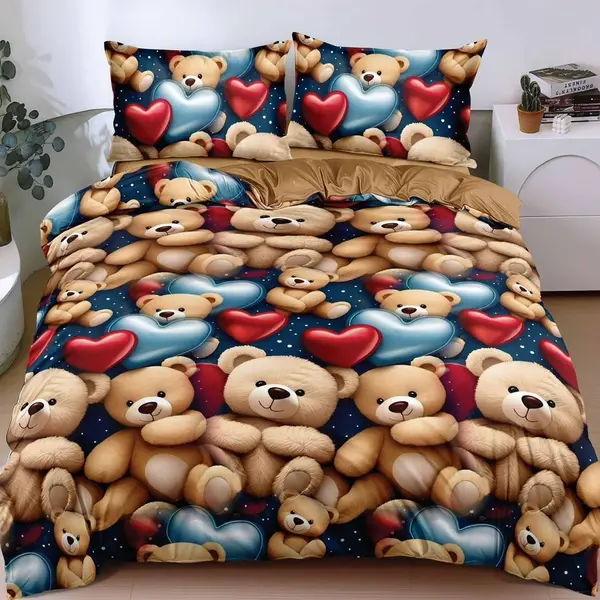 Lenjerie pat dublu, bumbac satinat, cearsaf clasic, 4 piese, Maro, ursuleti