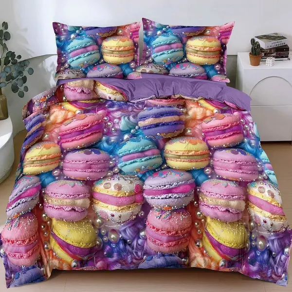 Lenjerie pat dublu, bumbac satinat, cearsaf clasic, 4 piese, Mov, multicolor, macarons