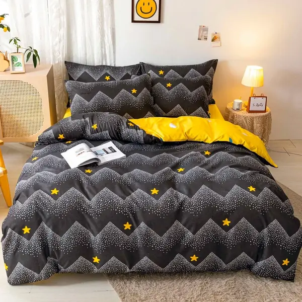 Lenjerie pat dublu, bumbac satinat, cearsaf clasic, 4 piese, Negru, Galben, stelute