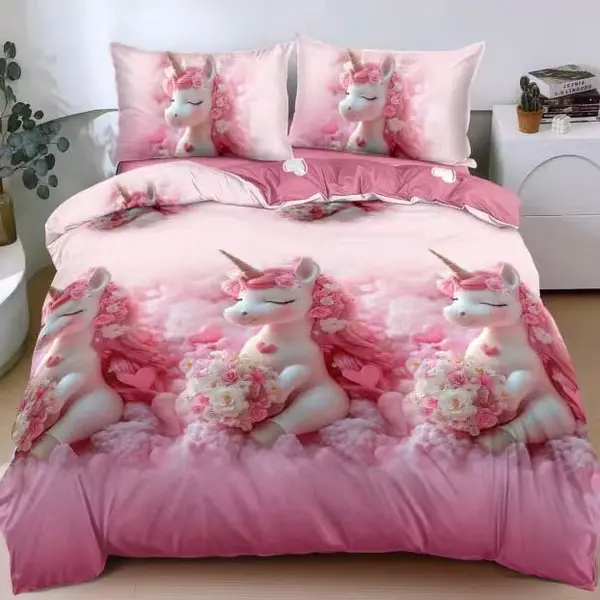 Lenjerie pat dublu, bumbac satinat, cearsaf clasic, 4 piese, Roz, unicorni