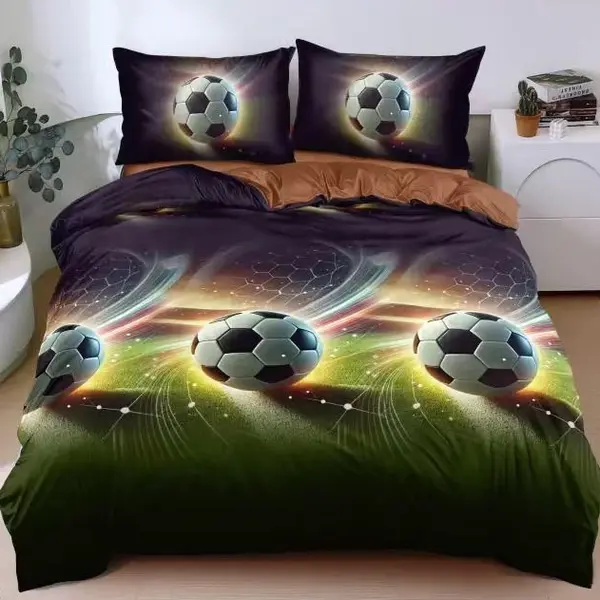 Lenjerie pat dublu, bumbac satinat, cearsaf clasic, 4 piese, Verde, Maro, mingii de fotbal
