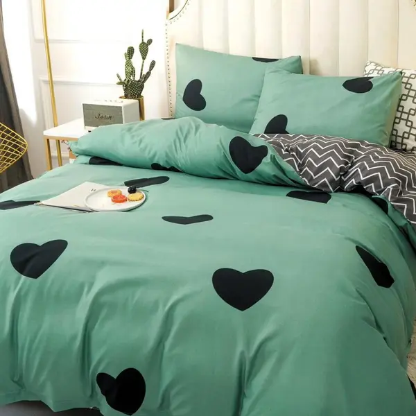 Lenjerie pat dublu, bumbac satinat, cearsaf clasic, 4 piese, Verde, inimioare