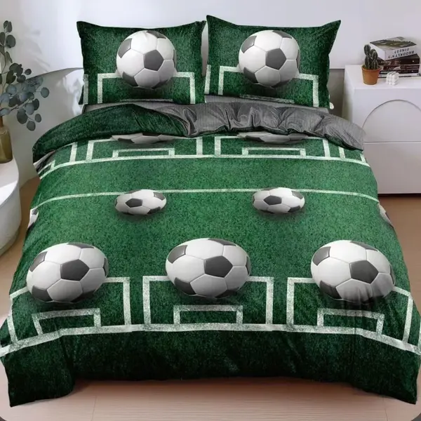 Lenjerie pat dublu, bumbac satinat, cearsaf clasic, 4 piese, Verde, fotbal