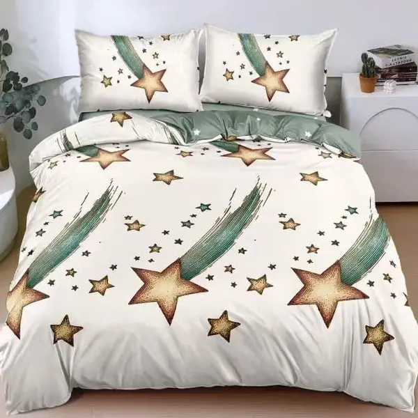 Lenjerie Pat Dublu Cu Elastic Bumbac Satinat - 3 Bucati 219 Lei - Alb Verde Stelute