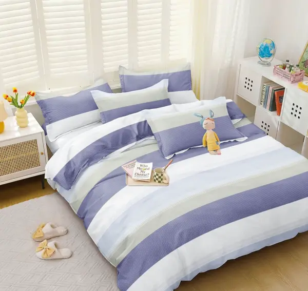 Lenjerie Pat Dublu Cu Elastic Bumbac Satinat - 3 Bucati 219 Lei - Bleu Dungi