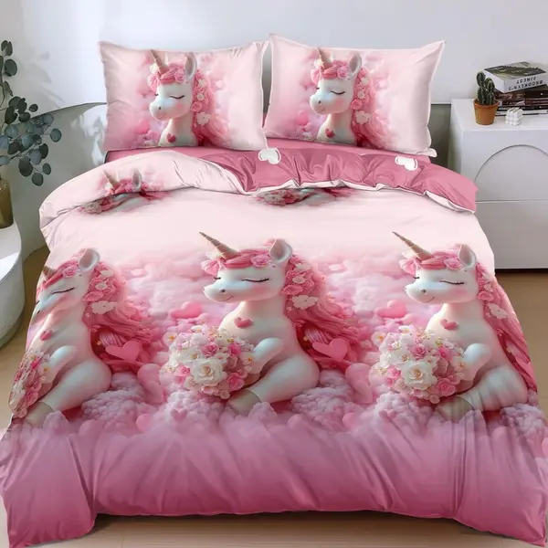 Lenjerie Pat Dublu Cu Elastic Bumbac Satinat - 3 Bucati 219 Lei - Roz unicorni