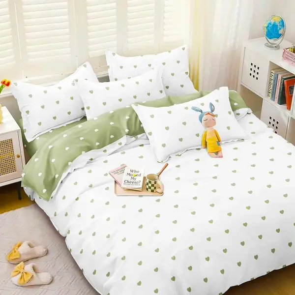 Lenjerie Pat Dublu Cu Elastic Bumbac Satinat - 3 Bucati 219 Lei - Alb Verde Inimioare