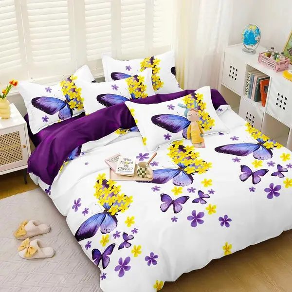 Lenjerie pat dublu cu Elastic, bumbac satinat, Alb, Mov, fluturi