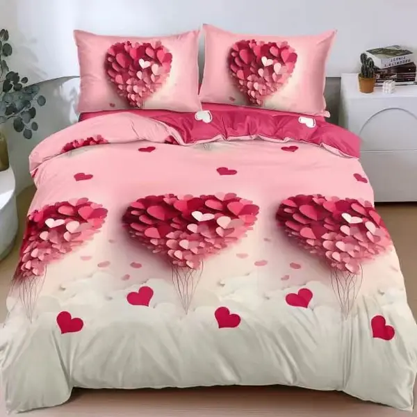 Lenjerie pat dublu cu Elastic, bumbac satinat, Alb, Roz, inimioare