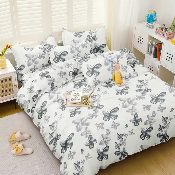 Lenjerie pat dublu cu Elastic, bumbac satinat, Alb unt, fluturi