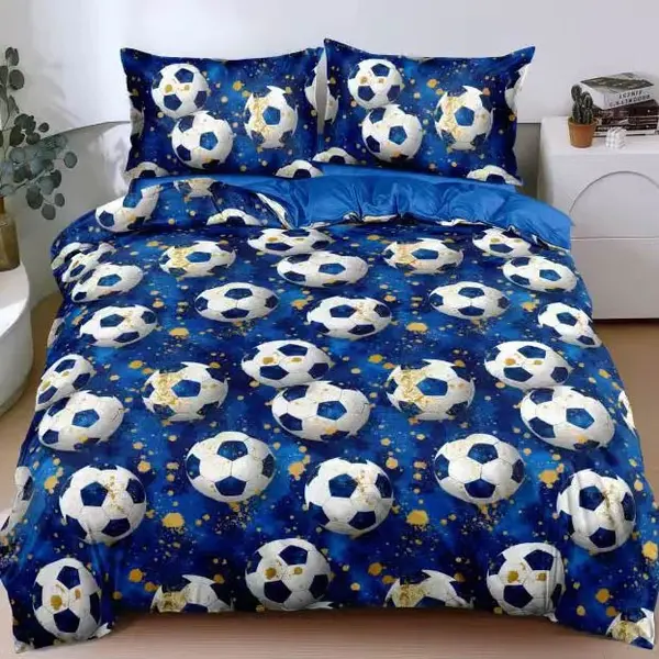 Lenjerie pat dublu cu Elastic, bumbac satinat, Albastru, mingii de fotbal